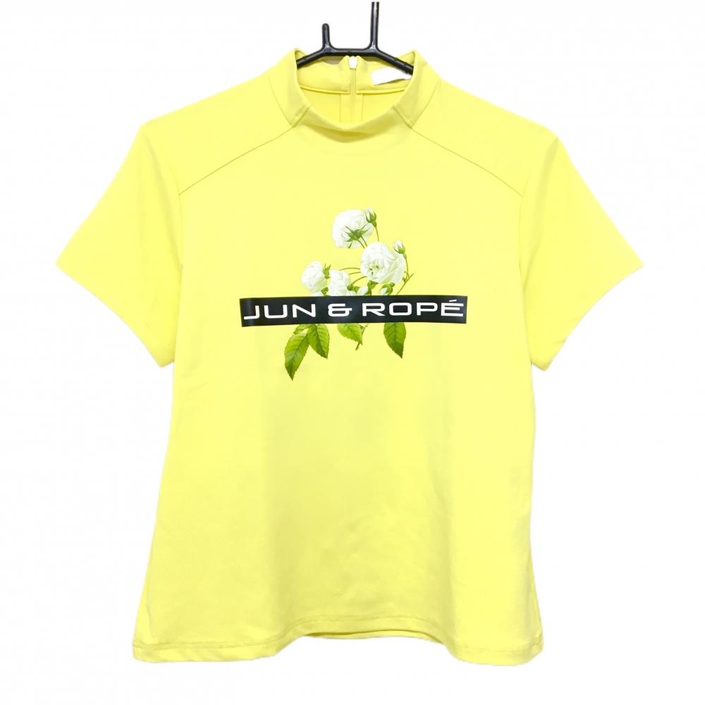 【美品】ジュンアンドロペ 半袖ハイネックシャツ イエロー 花・ロゴプリント 後ハーフジップ レディース L ゴルフウェア JUN＆ROPE