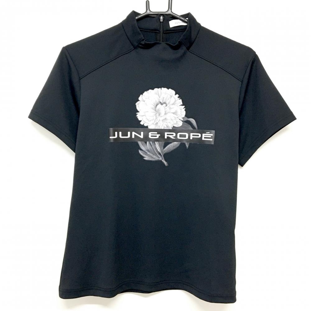 【超美品】ジュンアンドロペ 半袖ハイネックシャツ 黒 花・ロゴプリント 後ろハーフジップ  レディース L ゴルフウェア JUN＆ROPE