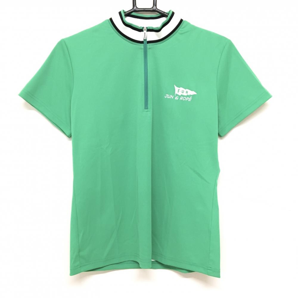 【超美品】ジュンアンドロペ 半袖ハイネックシャツ グリーン×白 ネックライン バックプリント レディース L ゴルフウェア JUN＆ROPE