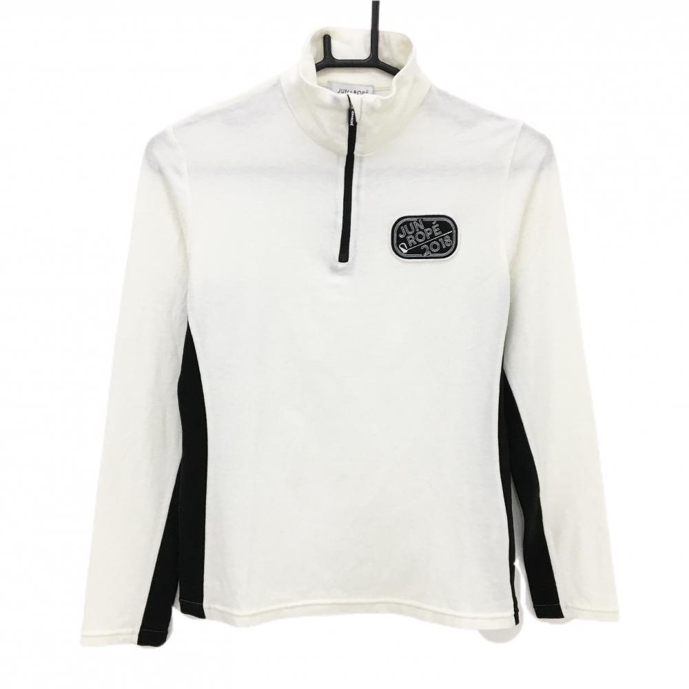 【美品】ジュンアンドロペ 長袖ハイネックシャツ 白×黒 表微起毛 ハーフジップ アクリル混 レディース S ゴルフウェア JUN＆ROPE