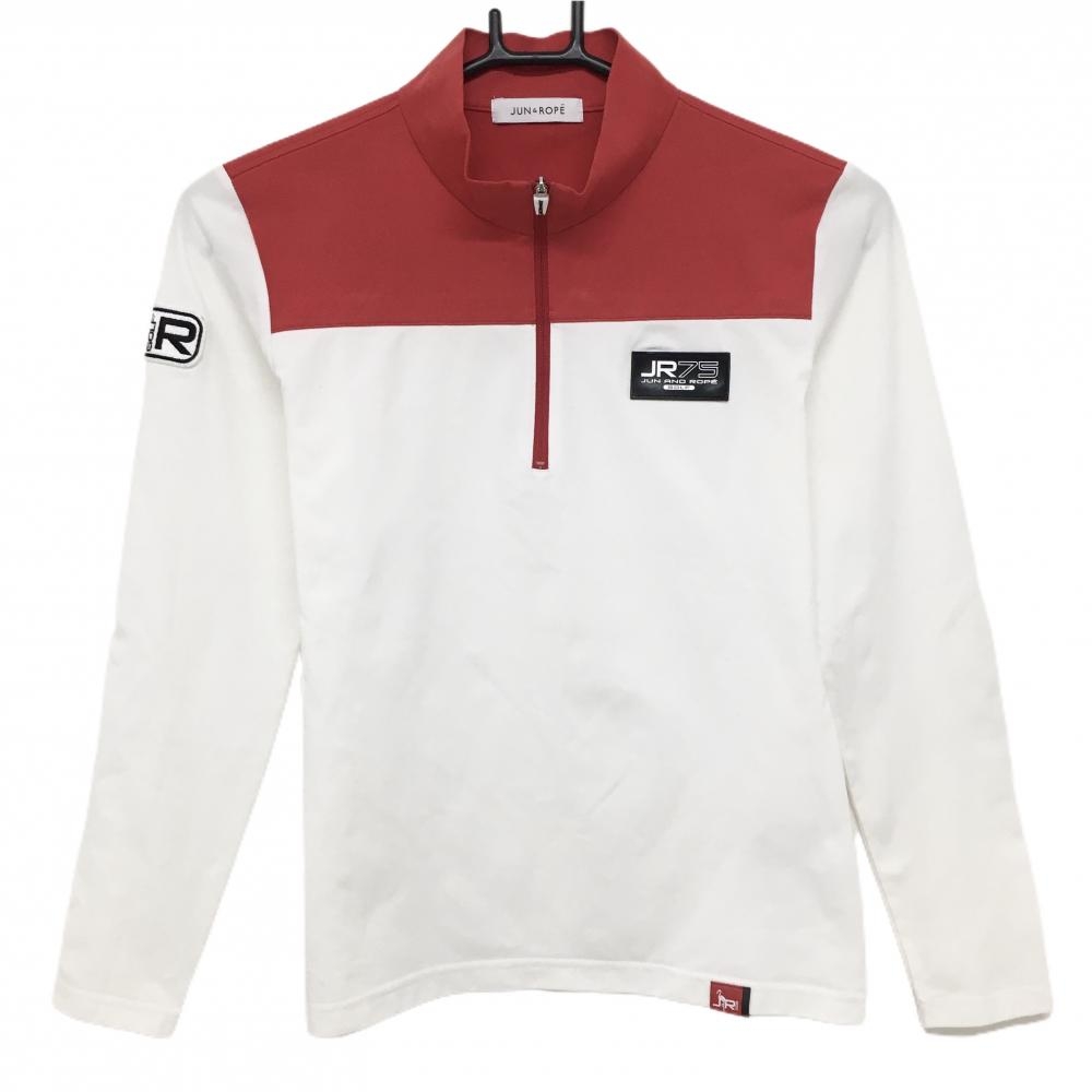 【美品】ジュンアンドロペ 長袖ハイネックシャツ 白×レッド ハーフジップ ロゴシリコンワッペン レディース S ゴルフウェア JUN＆ROPE