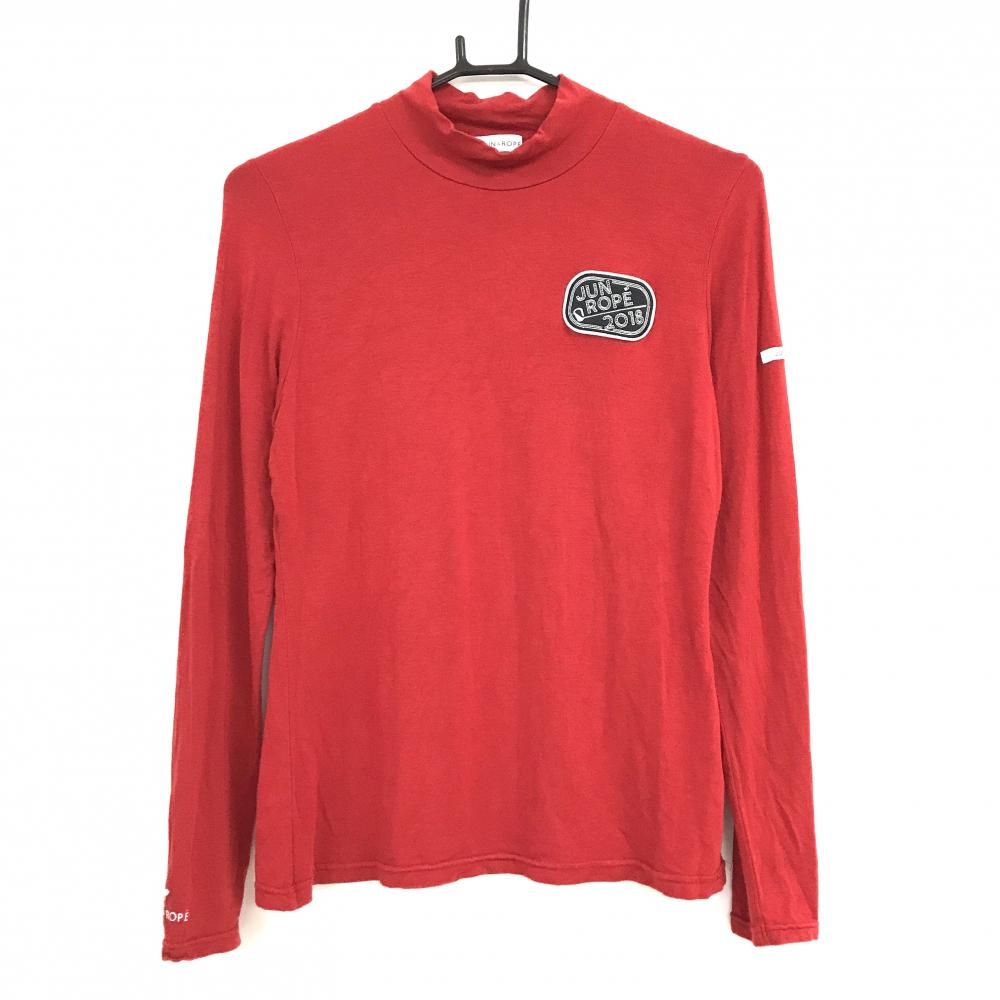 【美品】ジュンアンドロペ 長袖ハイネックシャツ レッド ストレッチ ワッペン レディース L ゴルフウェア JUN＆ROPE