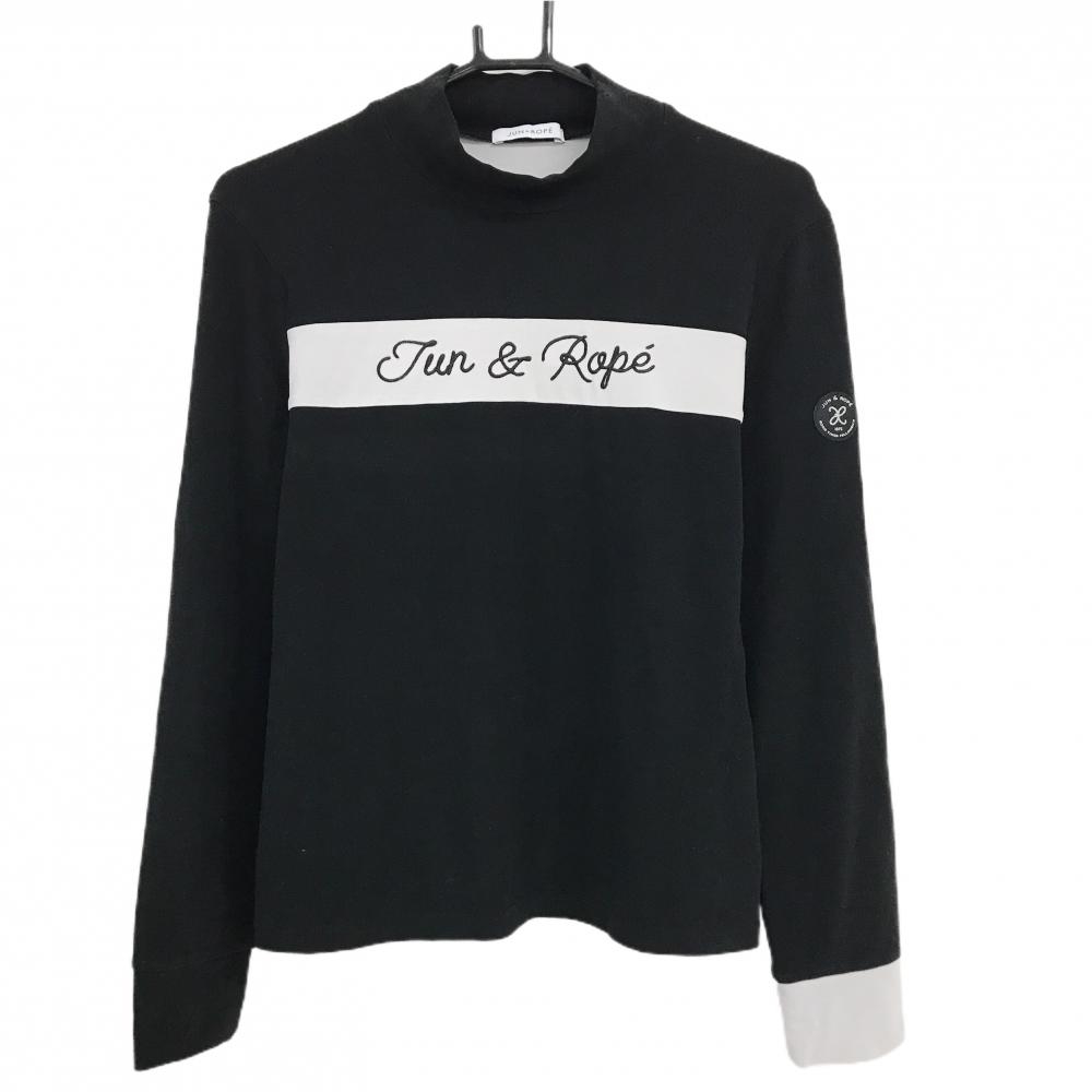 【超美品】ジュンアンドロペ 長袖ハイネックシャツ 黒×グレー系 表微起毛 フロントロゴ 袖ワッペン レディース L ゴルフウェア JUN＆ROPE