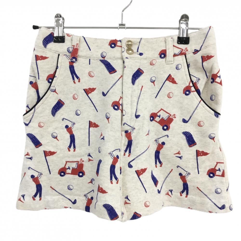 【超美品】ジュンアンドロペ スウェットスカート オフホワイト×レッド ゴルフ用品総柄 ストレッチ レディース S ゴルフウェア JUN＆ROPE