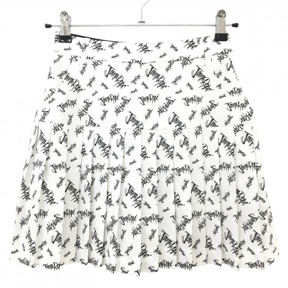 ジュンアンドロペ スカート 白×黒 ロゴ総柄 内側インナーパンツ プリーツ ポケット口・裾裏汚れ レディース M ゴルフウェア JUN＆ROPE