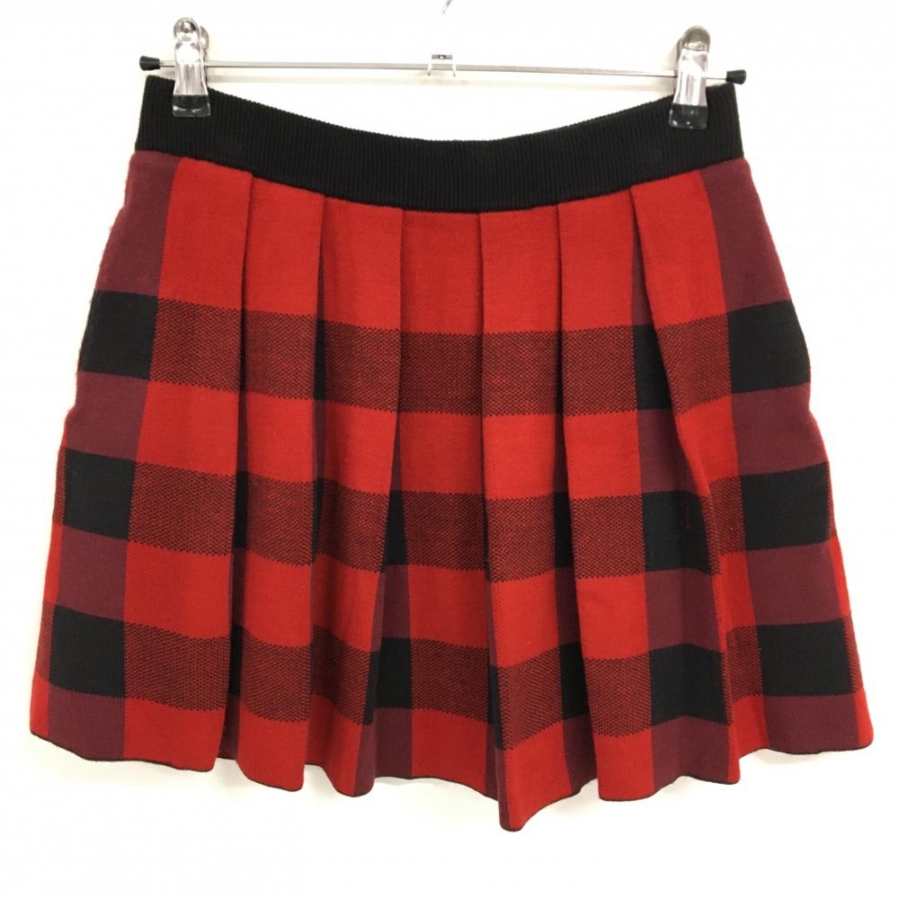【美品】ジュンアンドロペ プリーツスカート レッド×黒 チェック ウール混 レディース M ゴルフウェア JUN＆ROPE