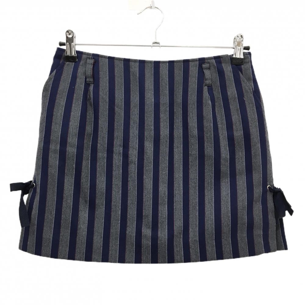 【超美品】ジュンアンドロペ スカート グレー×ネイビー ストライプ サイドリボン  レディース M ゴルフウェア JUN＆ROPE