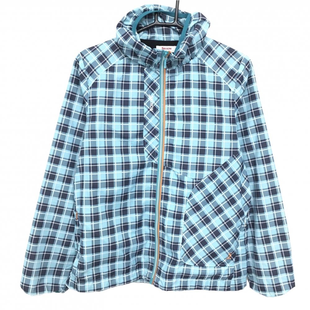 【美品】スリクソン ジャケット ライトブルー×ネイビー チェック 裾ドローコード 裏起毛  レディース L ゴルフウェア SRIXON