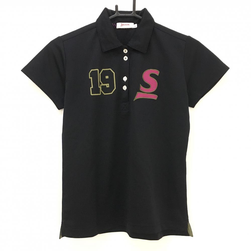 【美品】スリクソン 半袖ポロシャツ 黒×ピンク 地模様 襟裏ボーダー袖・胸・腹部引っ掛かり レディース M ゴルフウェア SRIXON