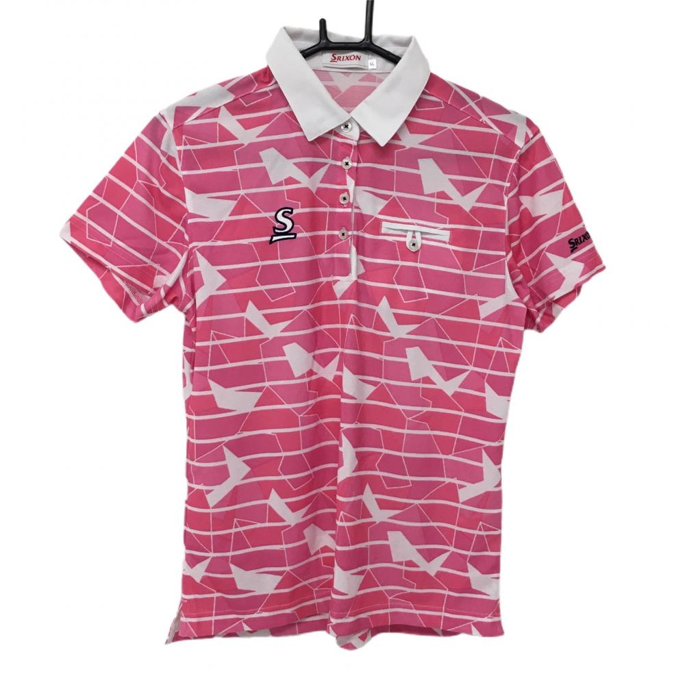 【超美品】スリクソン 半袖ポロシャツ ピンク×白 総柄 胸ポケット付 レディース LL ゴルフウェア SRIXON 画像