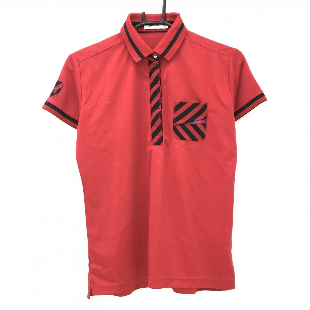 【超美品】スリクソン 半袖ポロシャツ レッド×黒 一部斜めストライプ 胸ポケット  レディース L ゴルフウェア SRIXON