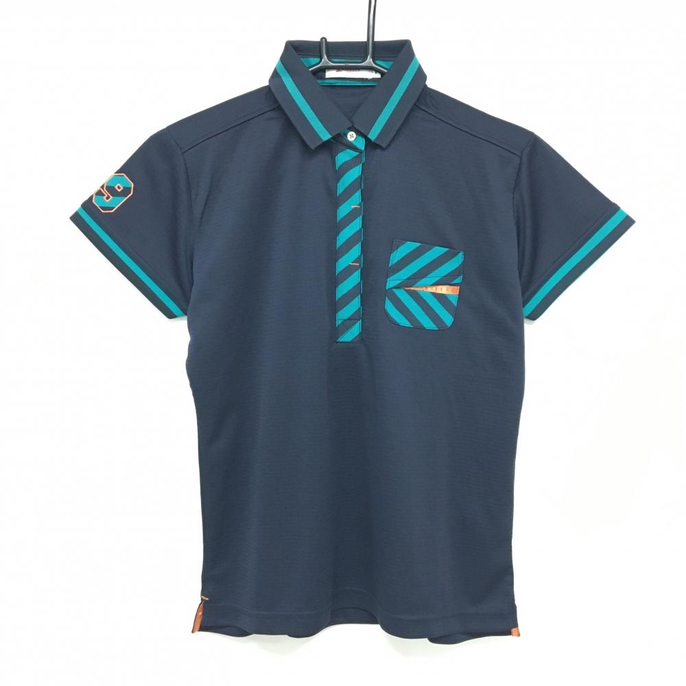 【新品】スリクソン 半袖ポロシャツ ネイビー×グリーン 前立て・ポケット斜めボーダー ロゴ刺しゅう レディース M ゴルフウェア SRIXON