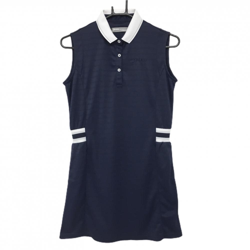 【美品】スリクソンbyデサント ノースリーブポロワンピース ネイビー ボーダー地模様 襟白  レディース M ゴルフウェア SRIXON
