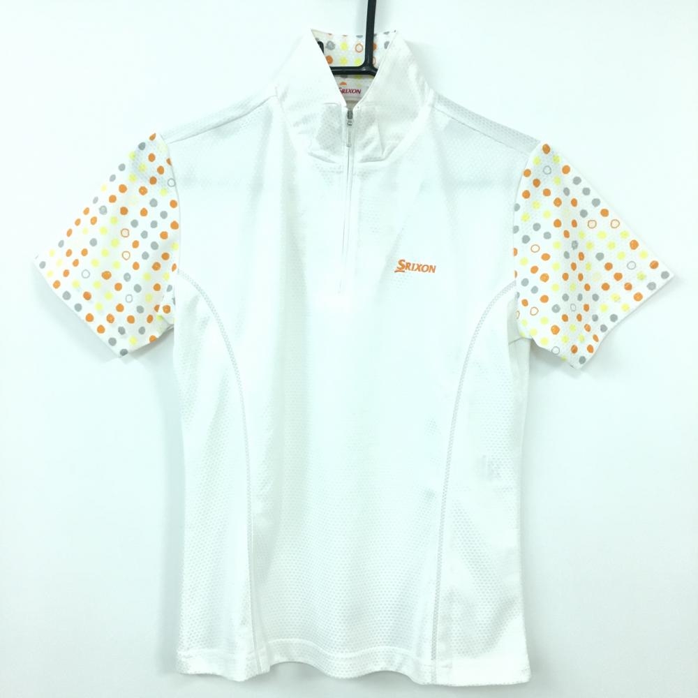 【美品】SRIXON スリクソン 半袖ハイネックシャツ 白×オレンジ 袖ドット柄 ハーフジップ レディース Ｍ ゴルフウェア