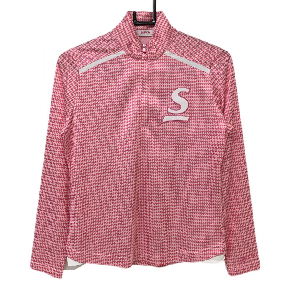 【美品】スリクソン 長袖ハイネックシャツ 白×ピンク 千鳥格子 ハーフジップ  レディース M ゴルフウェア SRIXON