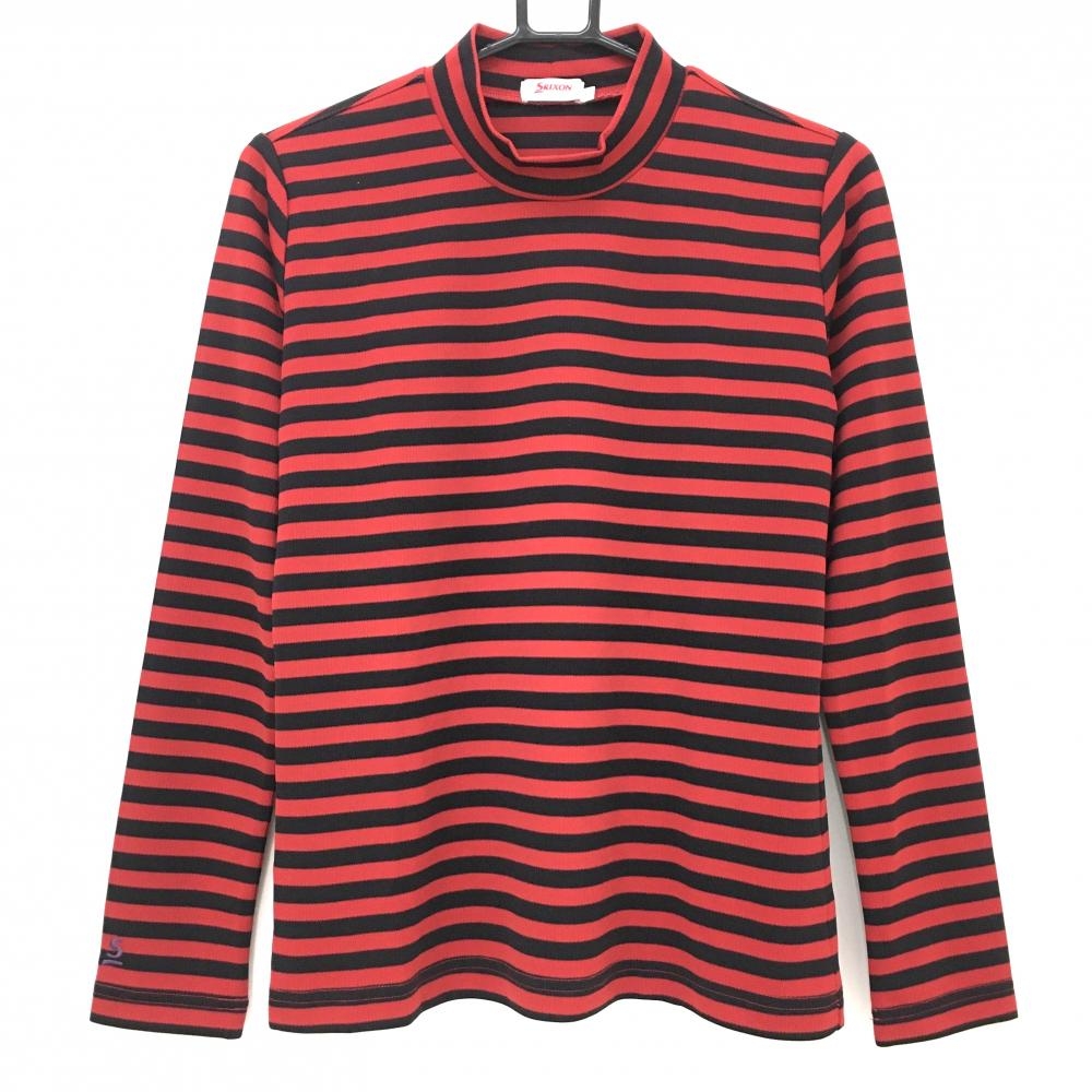 【超美品】スリクソン 長袖ハイネックシャツ レッド×黒 ボーダー レディース L ゴルフウェア SRIXON