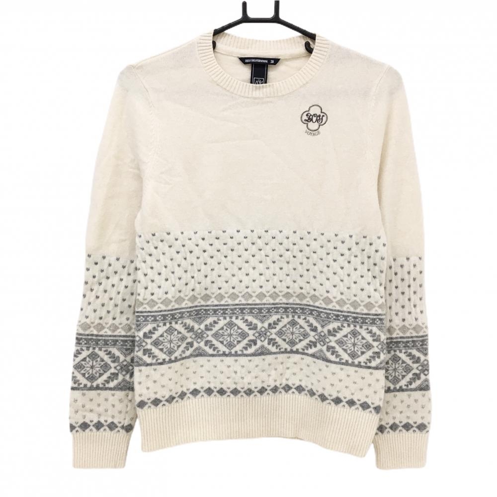 【美品】ゾーイ セーター アイボリー×グレー 下方柄 ニット 羊毛混 ラメ糸 レディース 38(M) ゴルフウェア ZOY