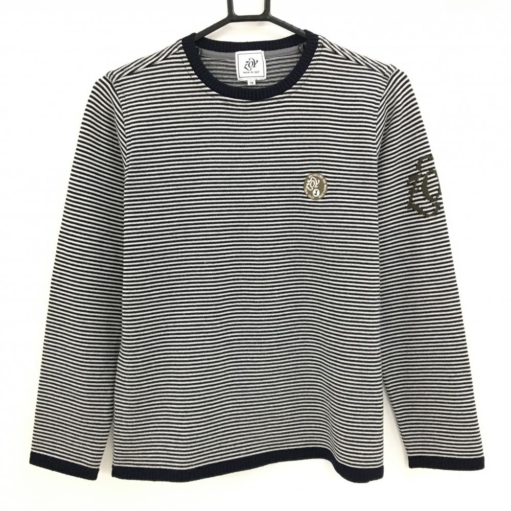 【美品】ゾーイ セーター ダークネイビー×白 ボーダー ロゴ刺しゅう 袖ロゴ ウール100％ ニット レディース M ゴルフウェア ZOY