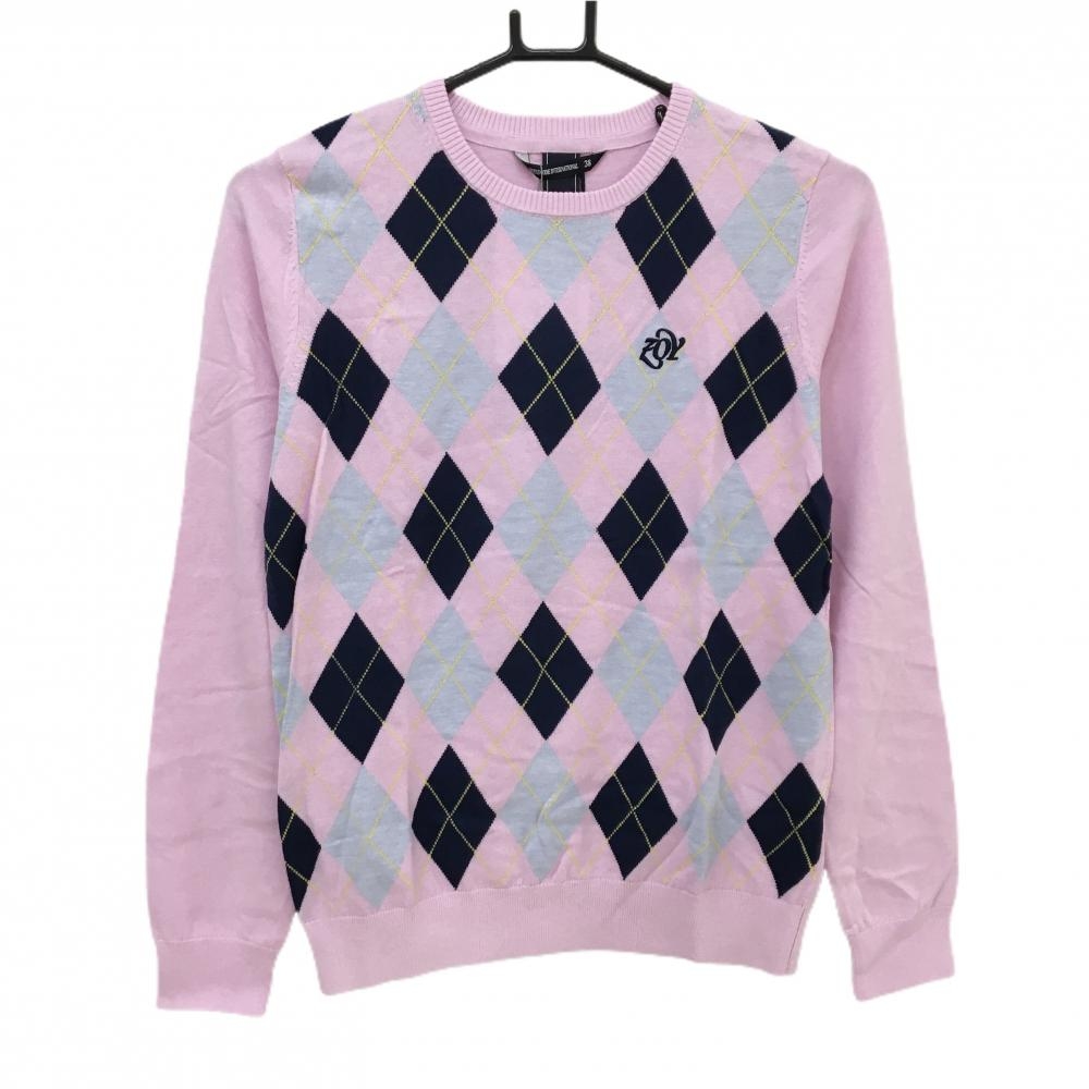 【新品】ゾーイ セーター ピンク×ネイビー イエロー アーガイル ニット レディース 38(M) ゴルフウェア ZOY