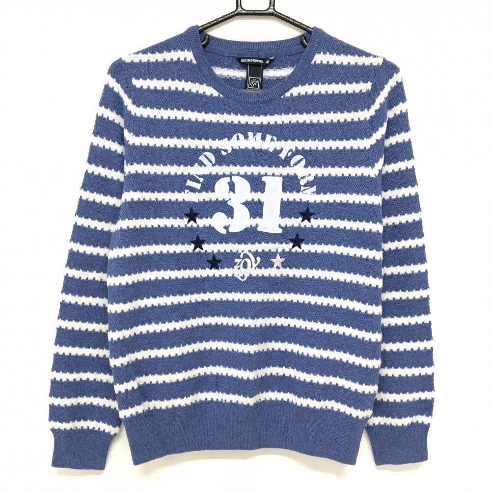 【美品】ゾーイ セーター ブルー×白 ボーダー風 ニッ レディース 40(L) ゴルフウェア ZOY