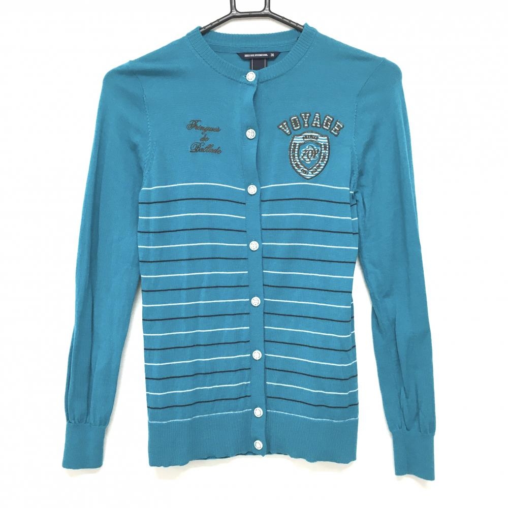 【美品】ゾーイ カーディガン ライトブルー系×ブラウン 一部ボーダー ウール100％  レディース 36(S) ゴルフウェア ZOY