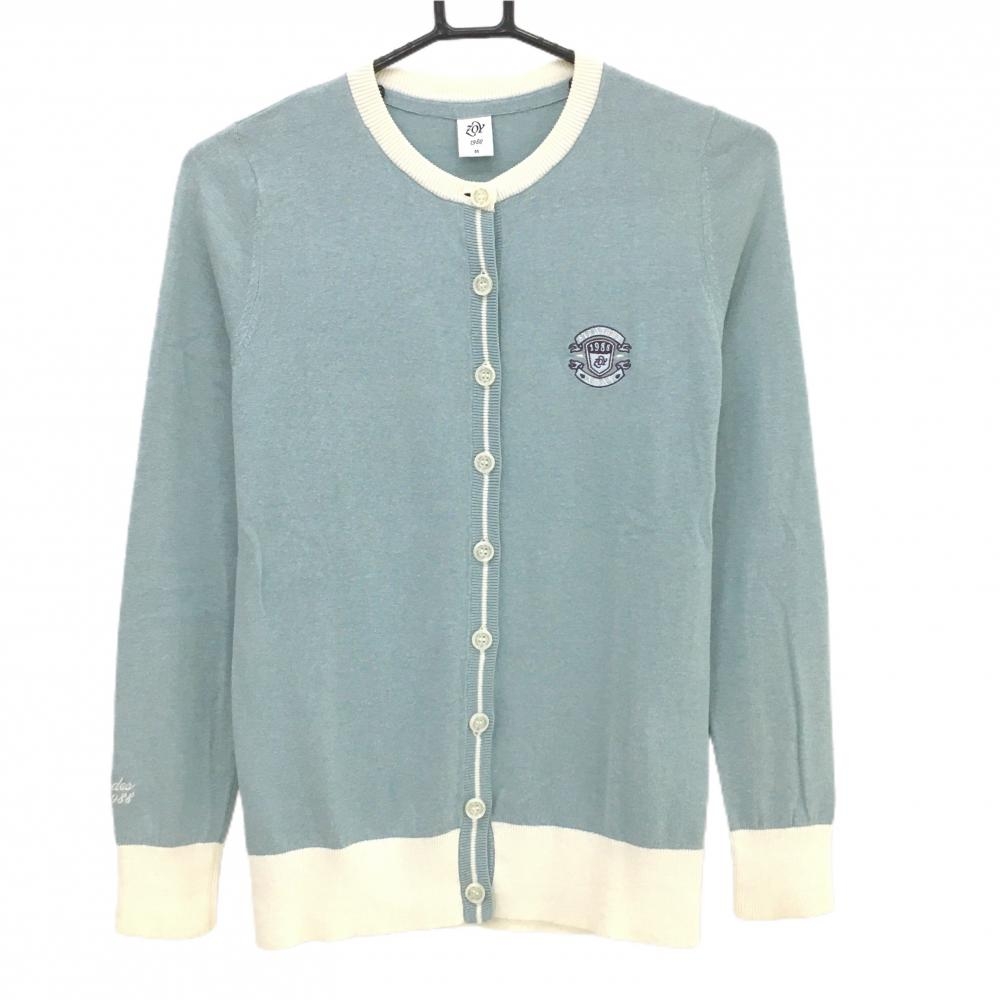 ゾーイ ニットカーディガン ライトブルー×白 カシミヤ混 レディース M ゴルフウェア ZOY