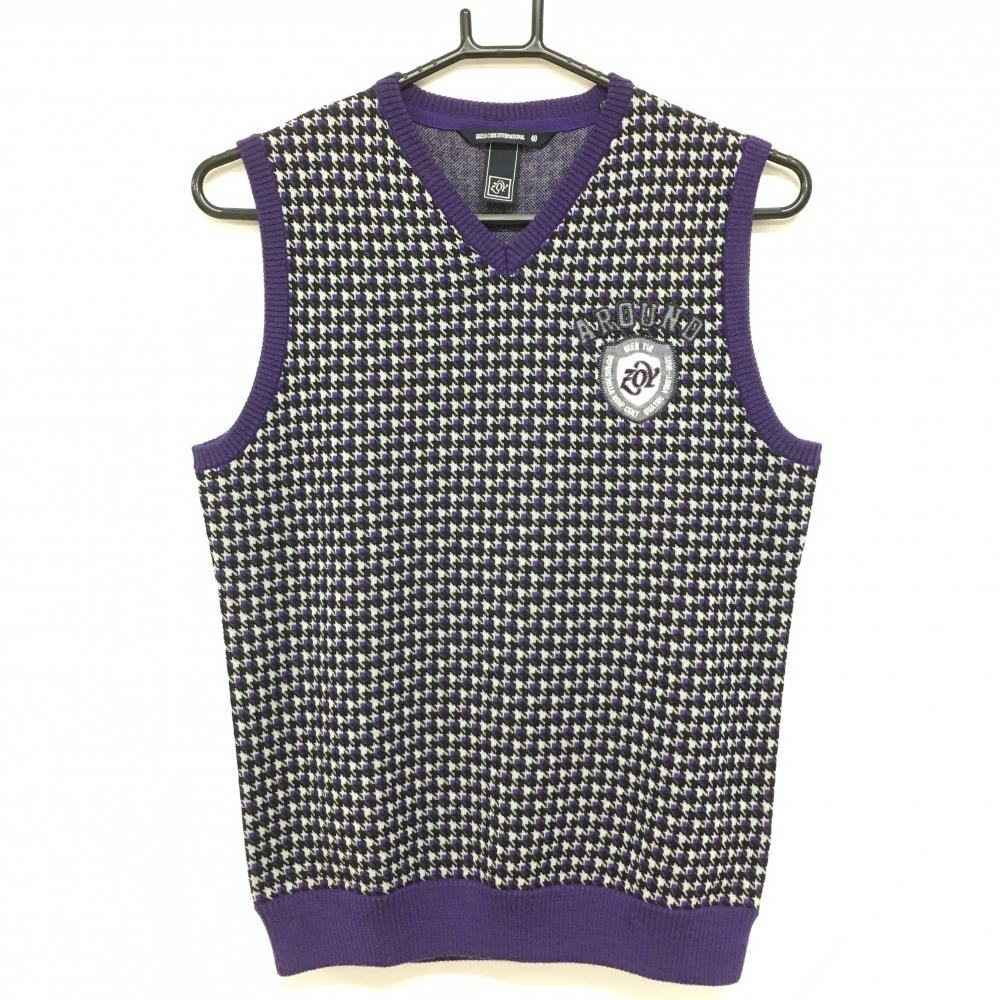 【超美品】ゾーイ ニットベスト パープル×黒 千鳥柄 胸元ロゴ 羊毛混 レディース 40(L) ゴルフウェア ZOY