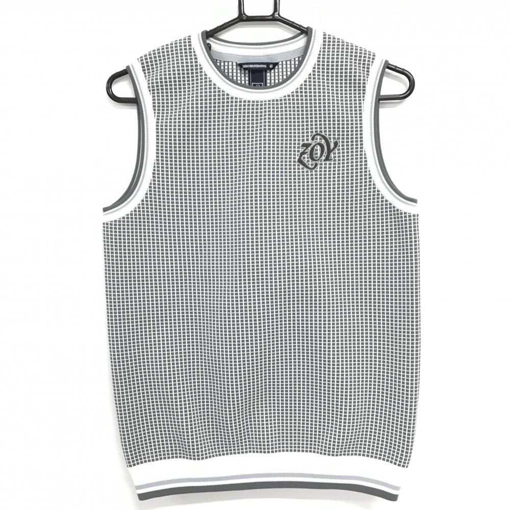 【超美品】ゾーイ ニットベスト グレー×アイボリー 格子柄 ロゴ レディース L ゴルフウェア ZOY