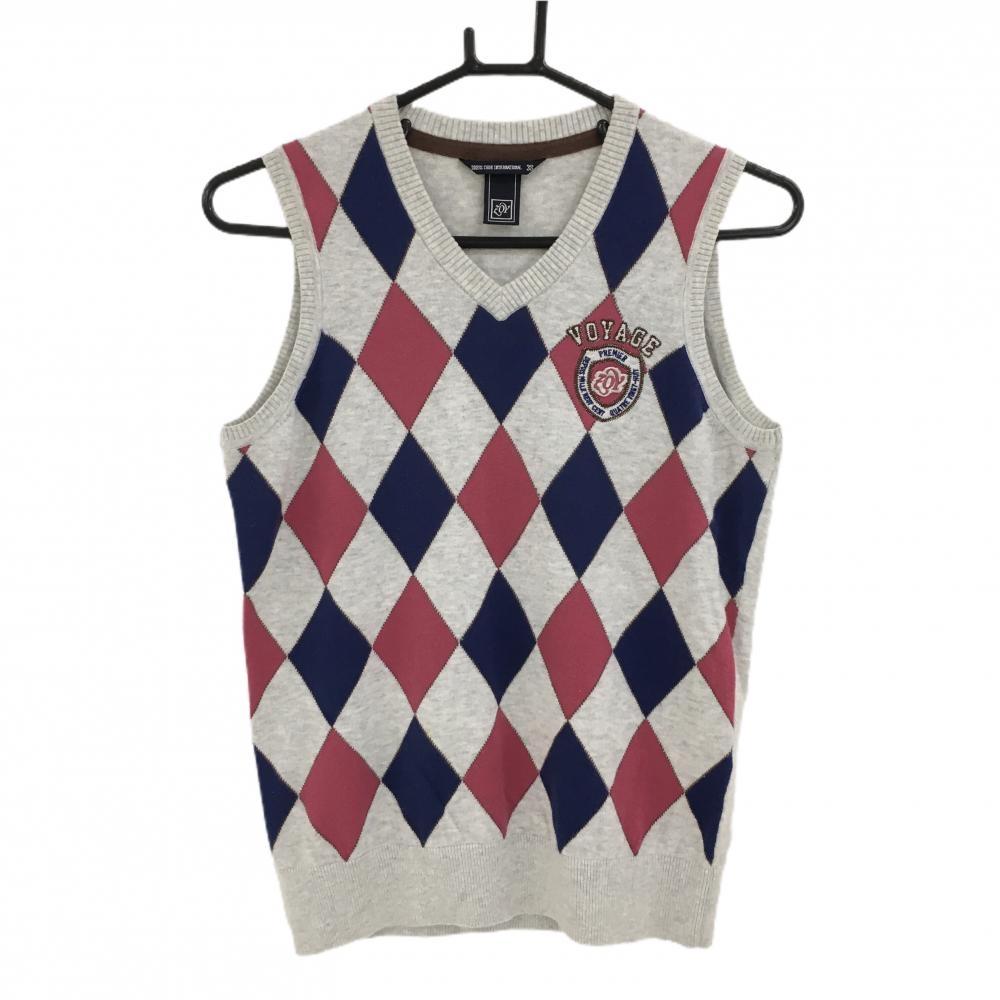 ゾーイ ニットベスト ライトグレー×ネイビー×ピンク 前身頃ダイヤ柄 カシミヤ混 レディース 38(M) ゴルフウェア ZOY