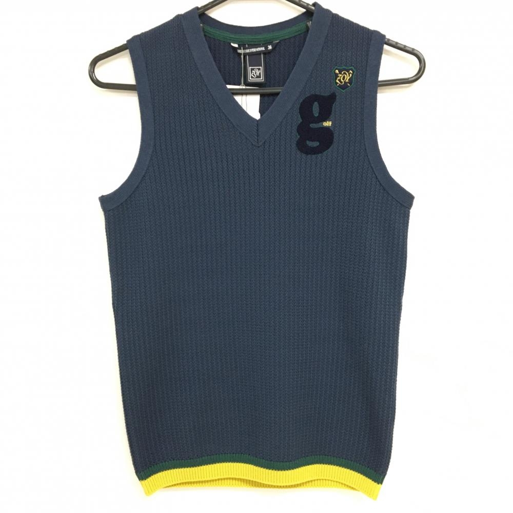 【新品】ゾーイ ニットベスト ネイビー×マスタードイエロー 透かし編み Vネック レディース 36(S) ゴルフウェア ZOY