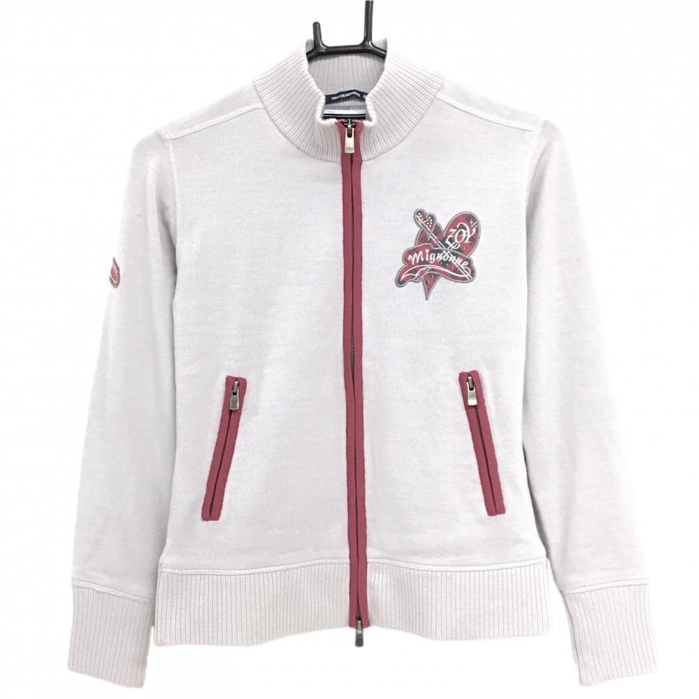 【美品】ゾーイ ニットブルゾン ライトグレー×ダークピンク ウール100% 裏地付 レディース 38(M) ゴルフウェア ZOY