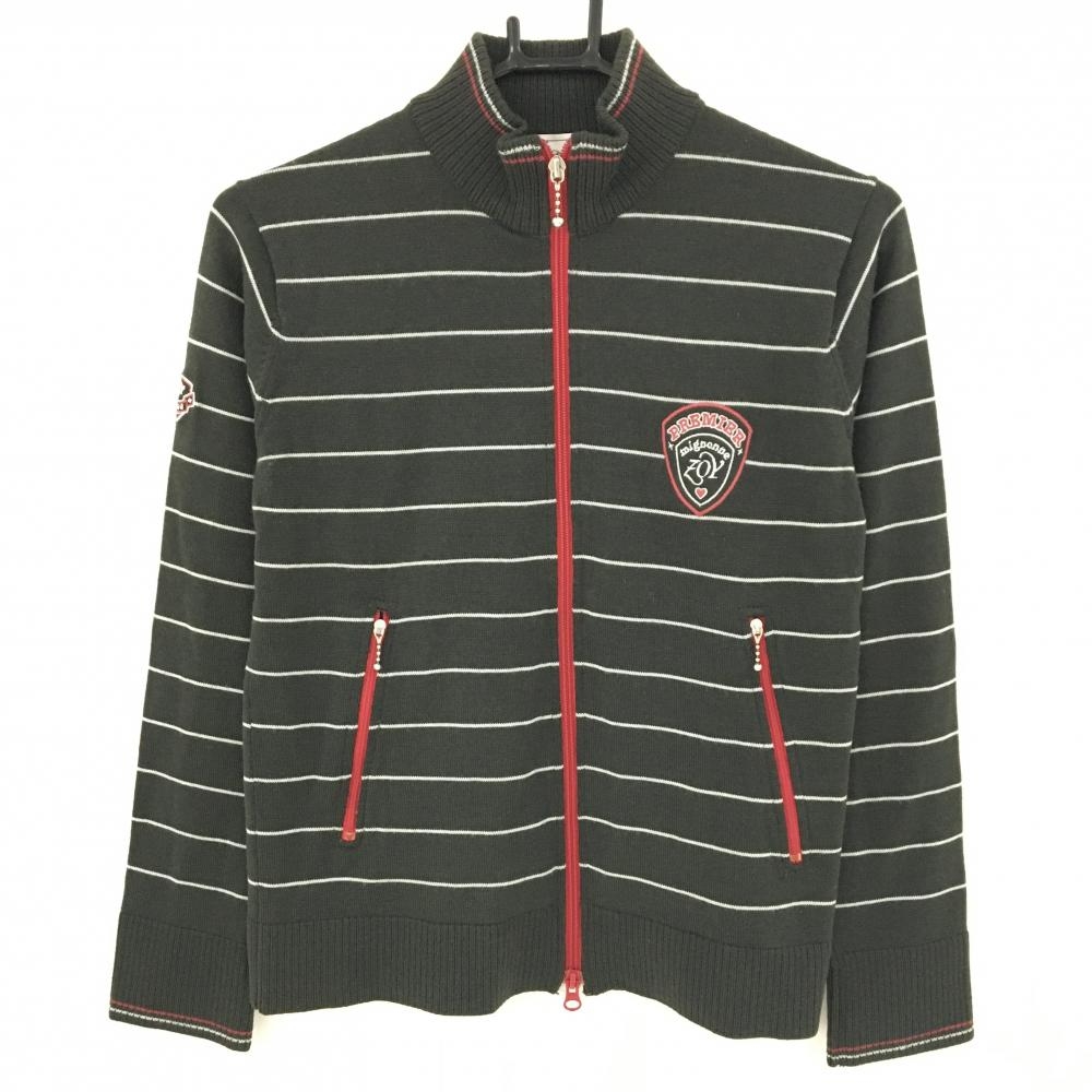 【超美品】ゾーイ ニットジャケット カーキ×白 ボーダー ウール100%  レディース 40(L) ゴルフウェア ZOY