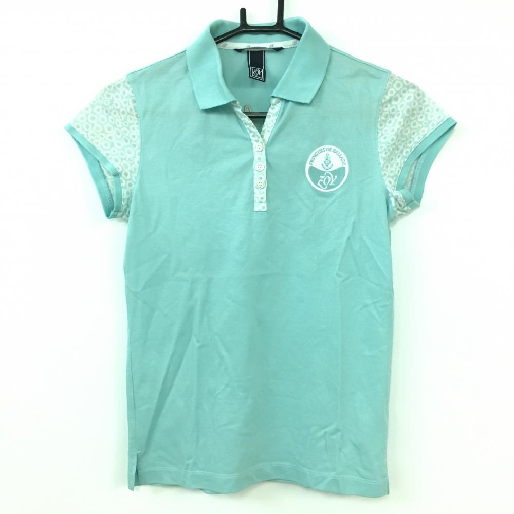 ZOY ゾーイ 半袖ポロシャツ ライトブルー×白 袖、前立て柄  レディース 38 ゴルフウェア
