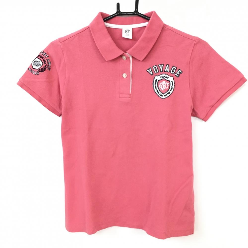 ZOY ゾーイ 半袖ポロシャツ サーモンピンク×白 綿100％ ロゴ刺しゅう レディース L ゴルフウェア 画像