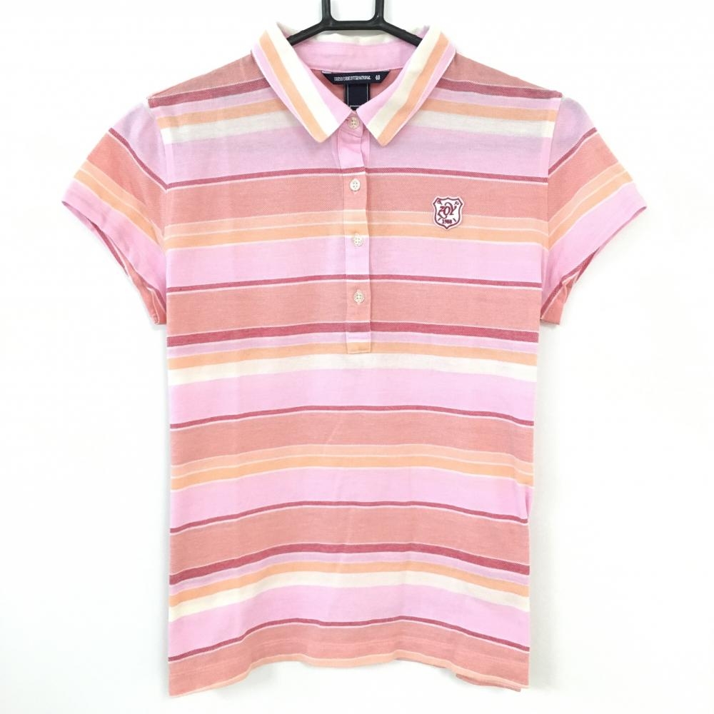 【超美品】ZOY ゾーイ 半袖ポロシャツ ピンク×レッド カラフルボーダー 総柄 レディース 40 ゴルフウェア