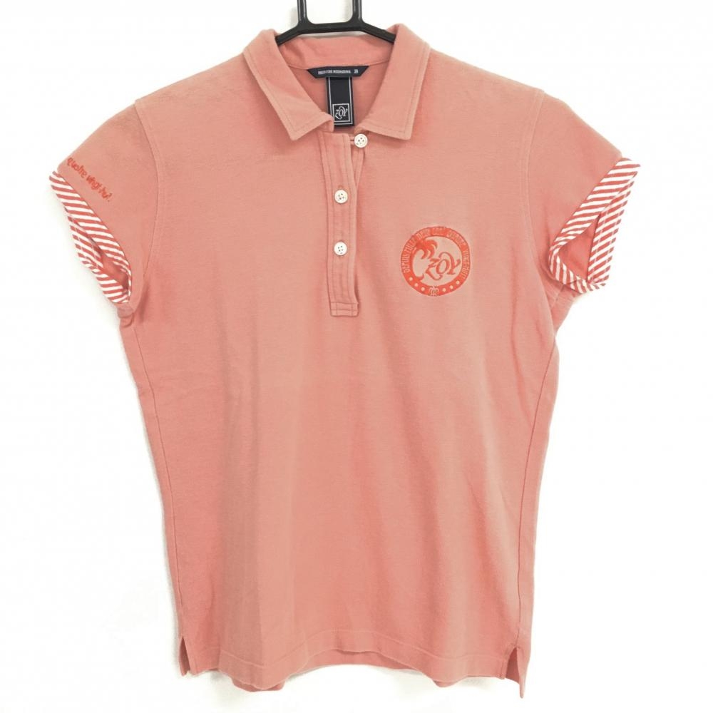 ゾーイ 半袖ポロシャツ サーモンピンク 袖口ななめボーダー柄 麻混  レディース 38(M) ゴルフウェア ZOY