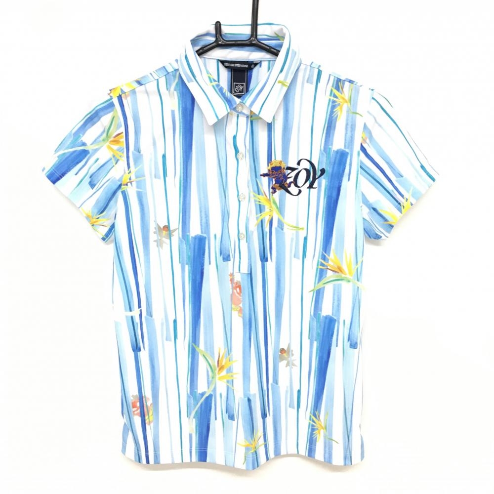 【超美品】ゾーイ 半袖ポロシャツ ライトブルー×白 総柄 瀧下和之コラボ レディース 40 ゴルフウェア ZOY