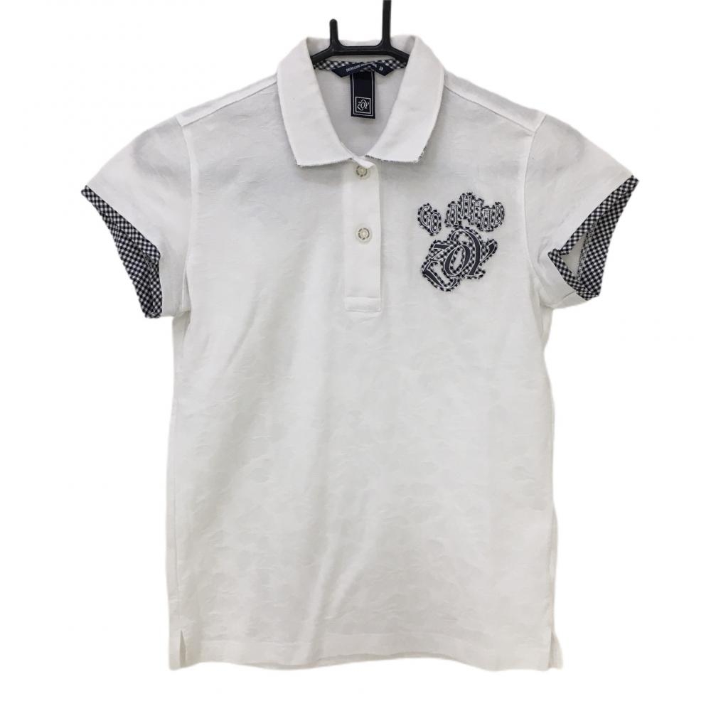 ゾーイ 半袖ポロシャツ 白×ネイビー ハイビスカス柄 織生地 一部チェック レディース 38(M) ゴルフウェア ZOY