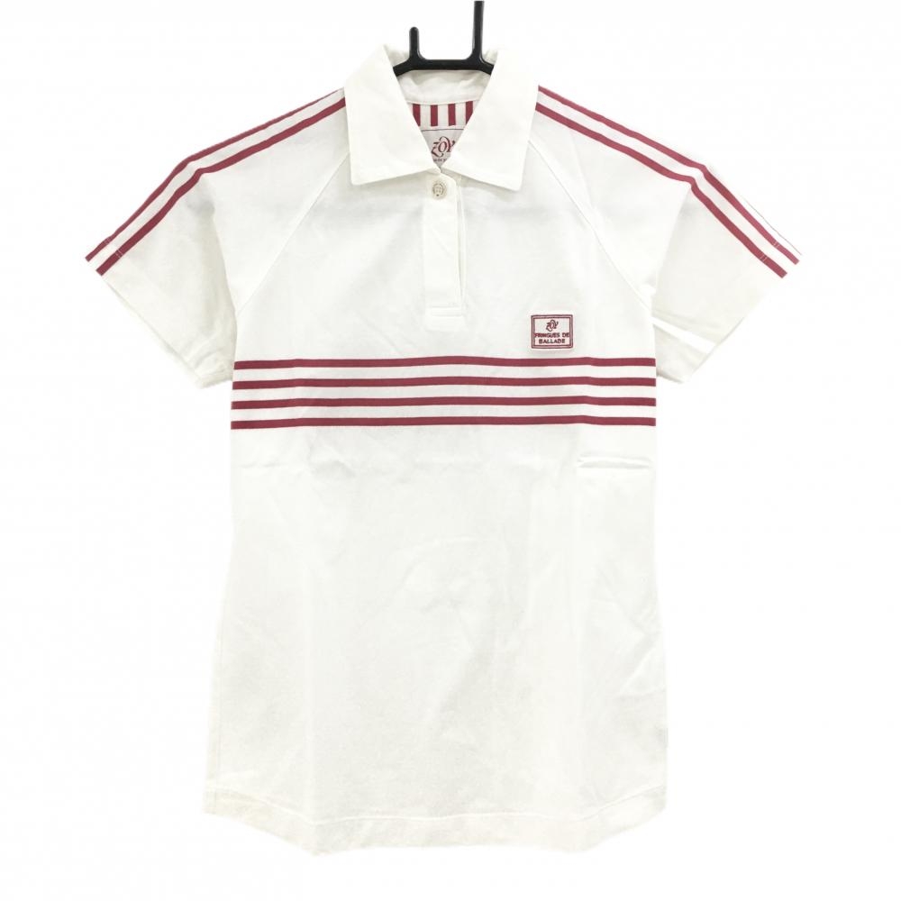 ゾーイ 半袖ポロシャツ 白×ピンクレッド 肩・胸元4ライン レディース M ゴルフウェア ZOY