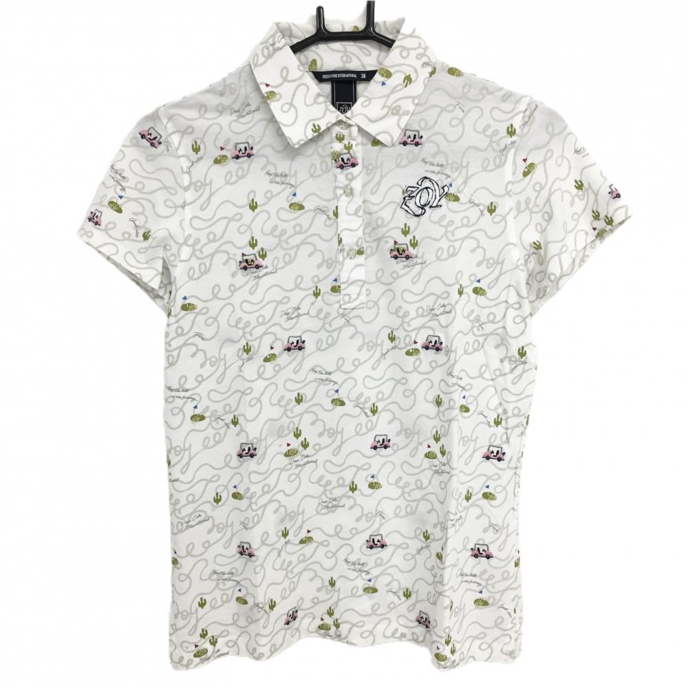 【美品】ゾーイ 半袖ポロシャツ 白×ライトグリーン×グレー系 総柄 ゴルフ カート刺しゅう レディース 38 ゴルフウェア ZOY