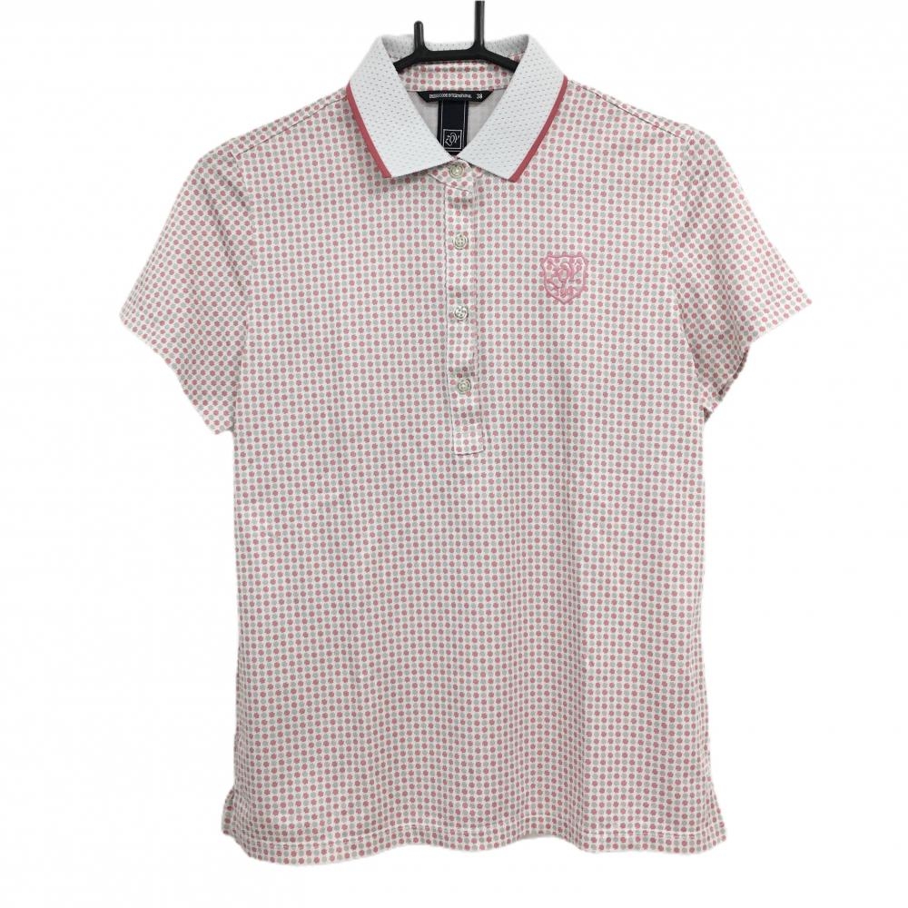 【超美品】ゾーイ 半袖ポロシャツ 白×ピンク 総柄 胸元ロゴ レディース 38(M) ゴルフウェア ZOY