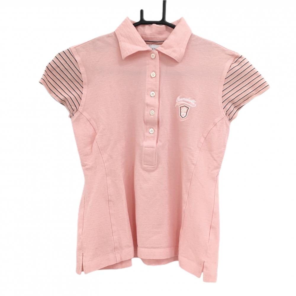 【美品】ゾーイ 半袖ポロシャツ ライトピンク×ネイビー×白 袖ボーダー 胸ロゴ レディース 40(L) ゴルフウェア ZOY