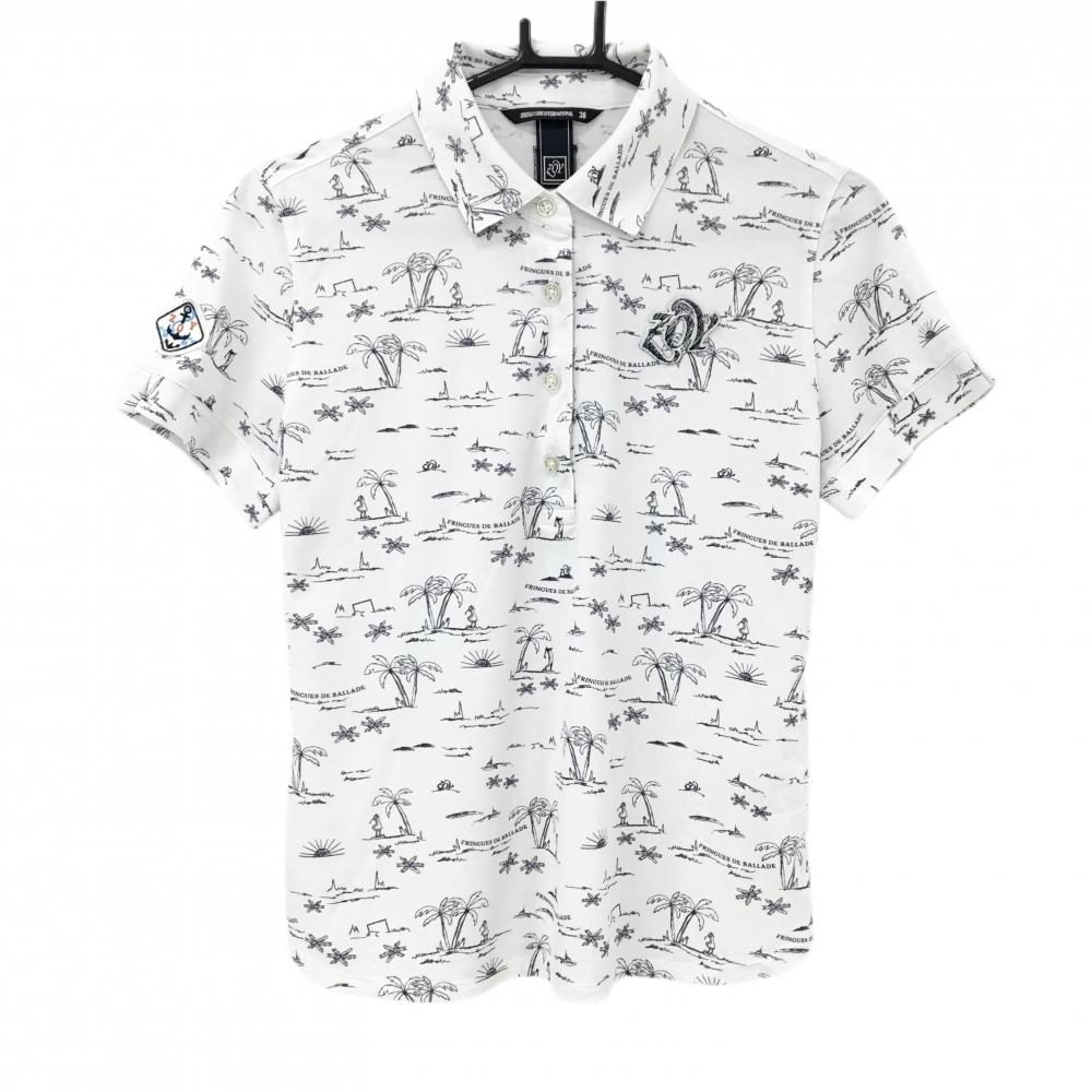 【超美品】ゾーイ 半袖ポロシャツ 白×ネイビー 総柄 ヤシの木 レディース 38(M) ゴルフウェア ZOY