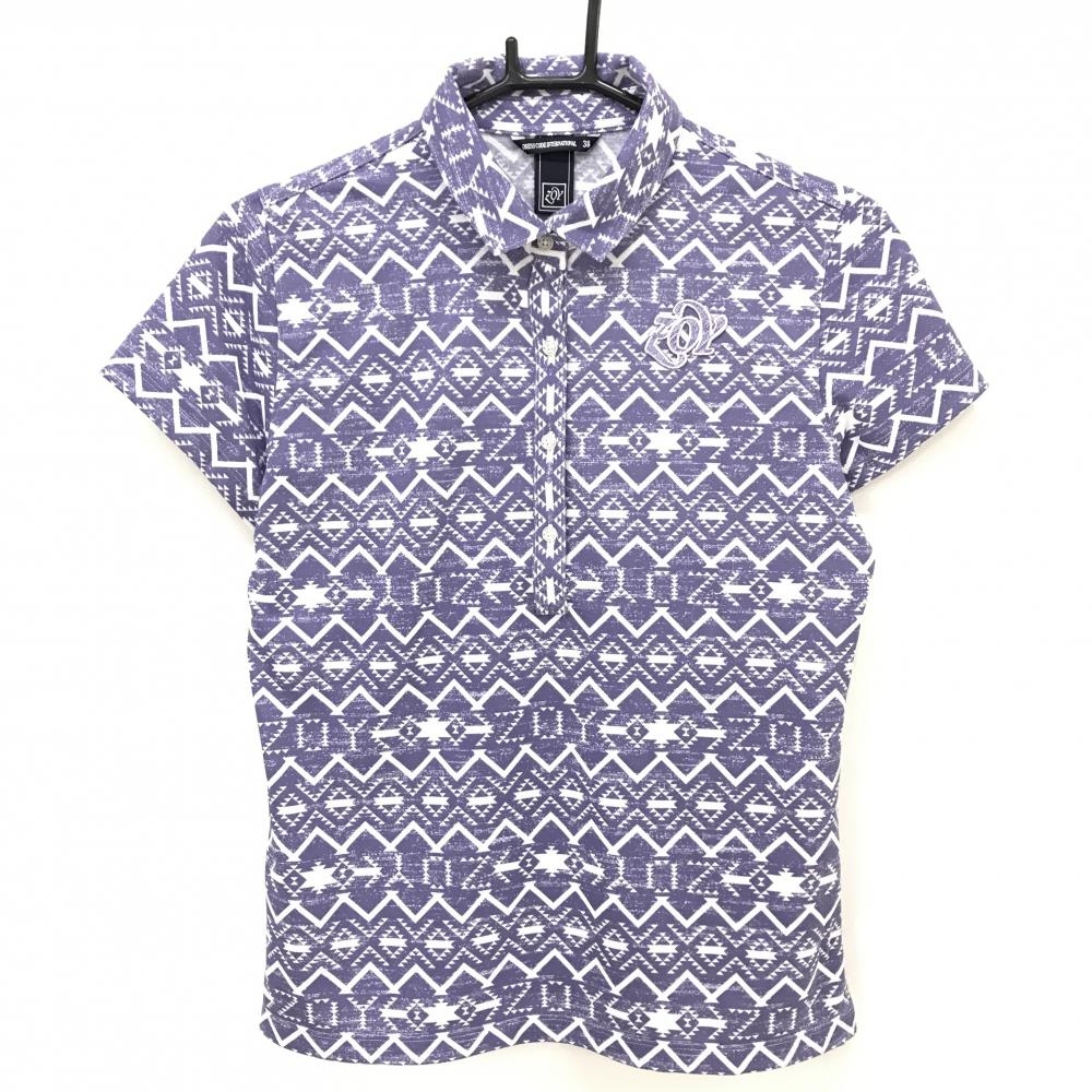 【超美品】ゾーイ 半袖ポロシャツ パープル×白 総柄 ワッペン レディース 38(M) ゴルフウェア ZOY