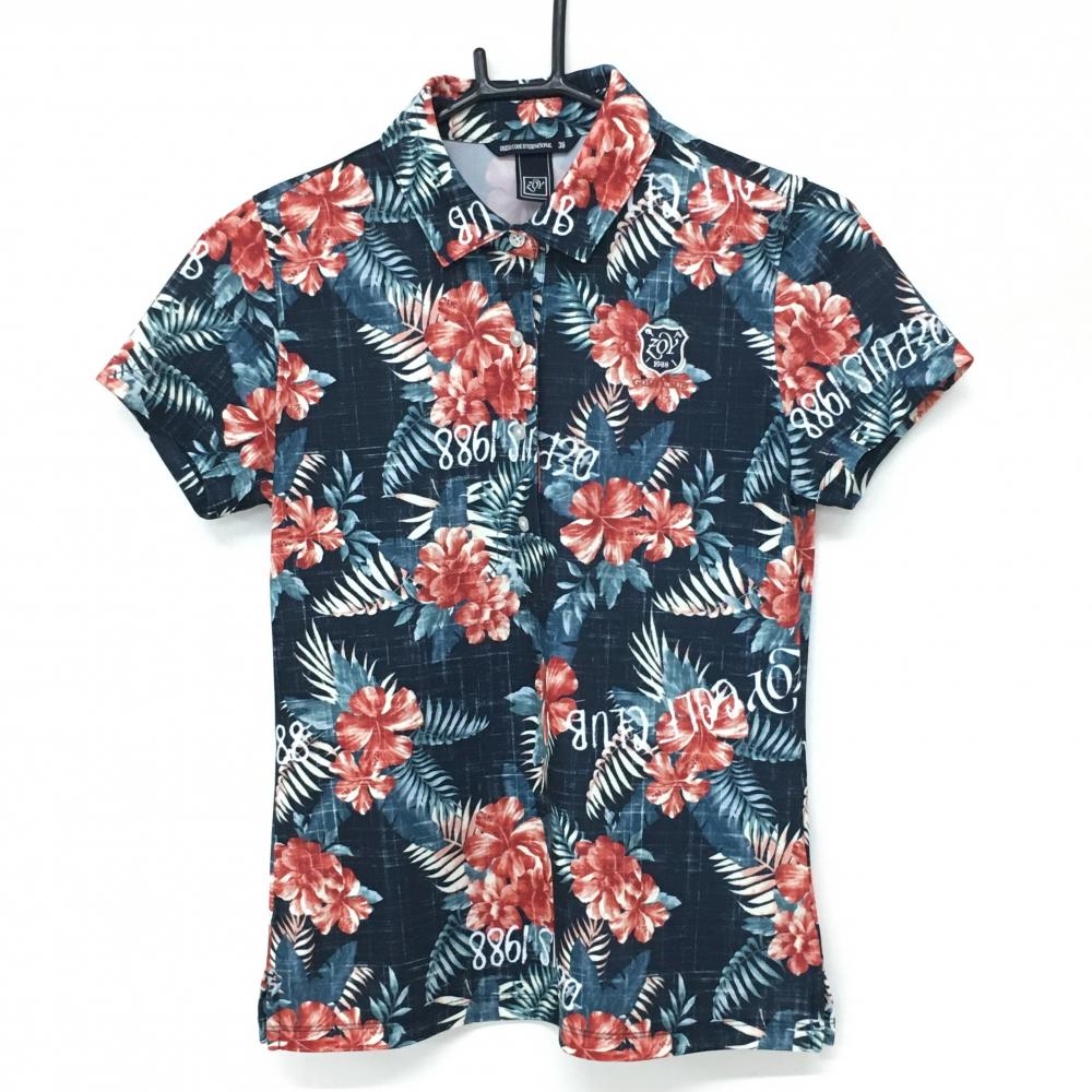 【超美品】ゾーイ 半袖ポロシャツ ネイビー×レッド 花柄  レディース 36(S) ゴルフウェア ZOY