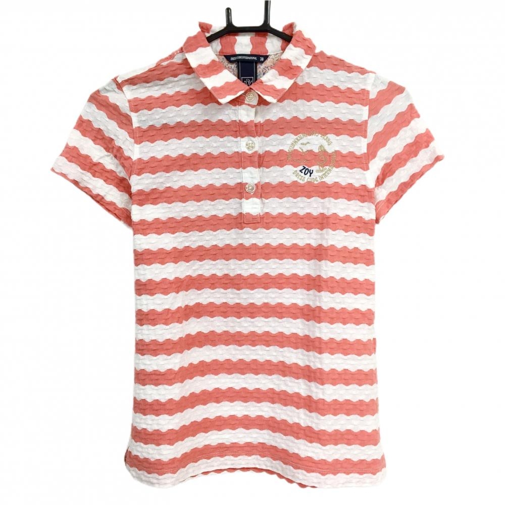 【超美品】ゾーイ 半袖ポロシャツ コーラルピンク×白 凸凹生地 ボーダー ストレッチ レディース 38(M) ゴルフウェア ZOY