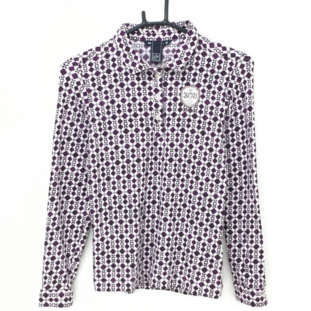 【美品】ゾーイ 長袖ポロシャツ 白×パープル 総柄 ロゴ刺しゅう レディース 38(M) ゴルフウェア ZOY