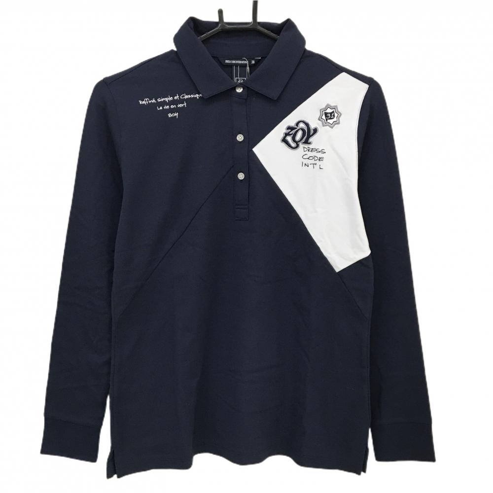 【新品】ゾーイ 長袖ポロシャツ ネイビー×白 ロゴ刺しゅう バイカラー レディース 38(M) ゴルフウェア ZOY
