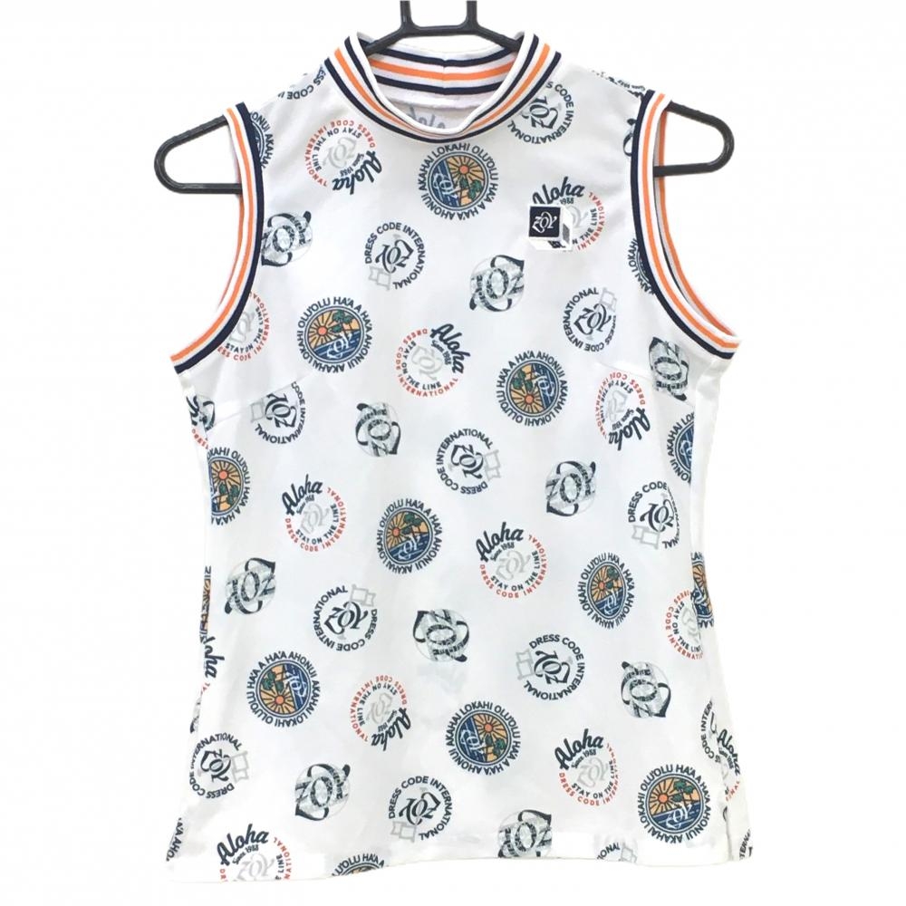 【美品】ゾーイ ノースリーブハイネックシャツ 白×ネイビー 総柄  レディース 1038(M) ゴルフウェア ZOY