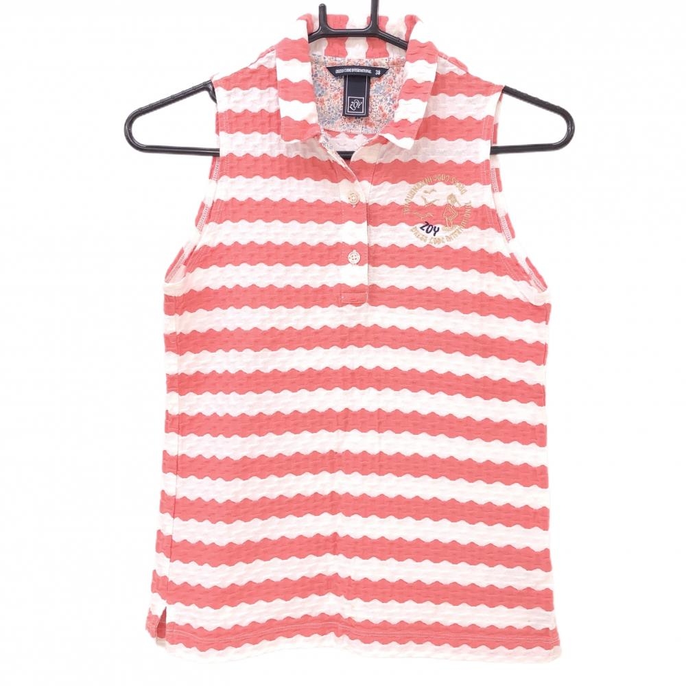 ゾーイ ノースリーブポロシャツ サーモンピンク×白 なみなみボーダー 織生地 綿100％ レディース 38(M) ゴルフウェア ZOY